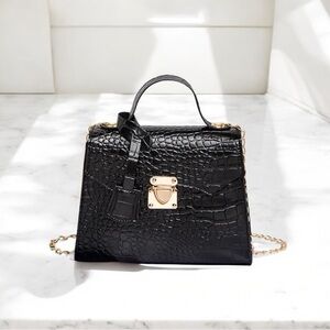 Black Crocodile Embossed Satchel with Gold Hardware-NIP